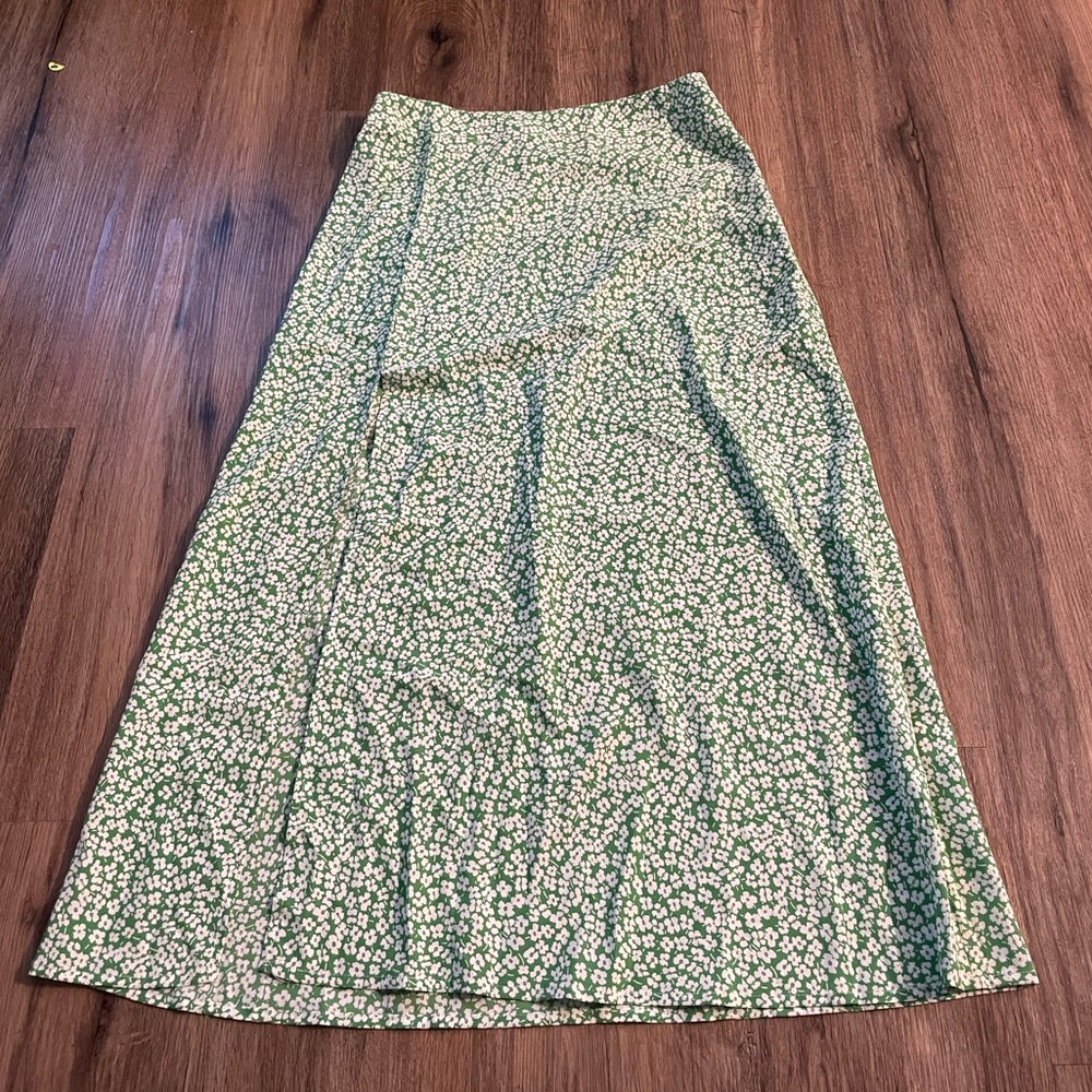 Green Floral Midi Skirt with Slit